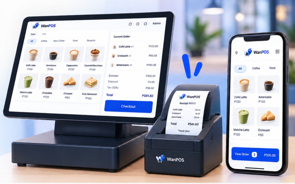 WanPOS point-of-sale hardware with tablet, receipt printer, and mobile ordering interface